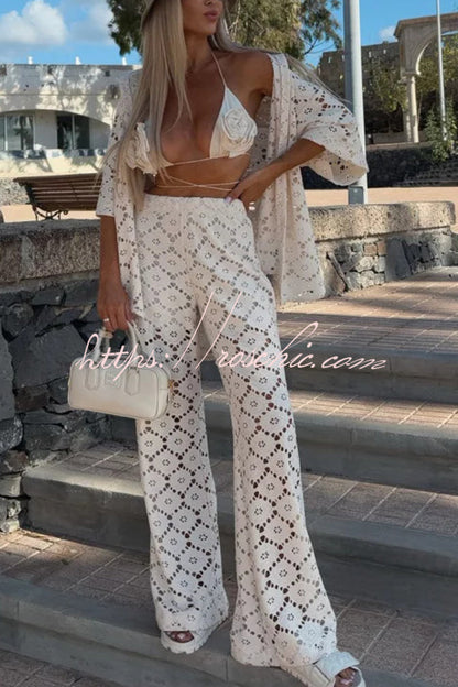 Holiday Crochet Flowers Lace Short Sleeve Shirt and Elastic Waist Wide Leg Pants Set