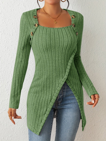Ribbed Button Decor Asymmetrical Hem T-shirt Rd0210