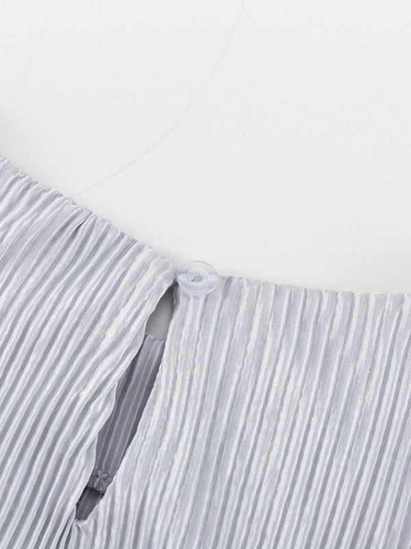 Long Sleeves Loose Pleated Color Round-neck Maxi Dresses