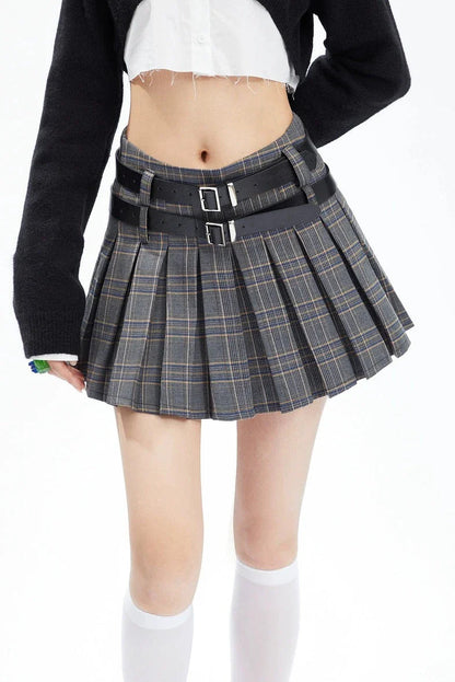 Plaid Double-belt Pleated Skirt