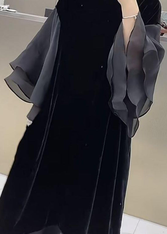 Black O-neck Patchwork Silk Velvet Maxi Dress Butterfly Sleeve Wd032