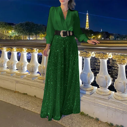 Splice Sequins Maxi Dresses for Folds Loose V Neck Dress Femme Party Evening Dresses