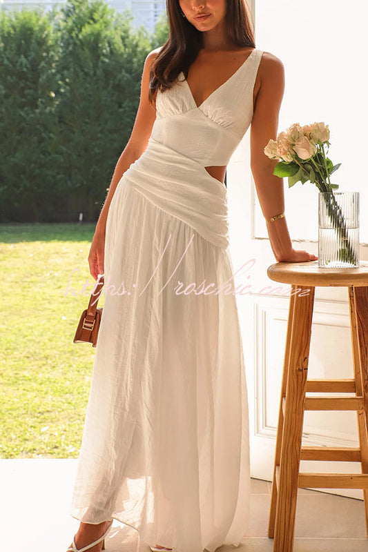 Color V-neck Waist Hollow Slim Maxi Dress