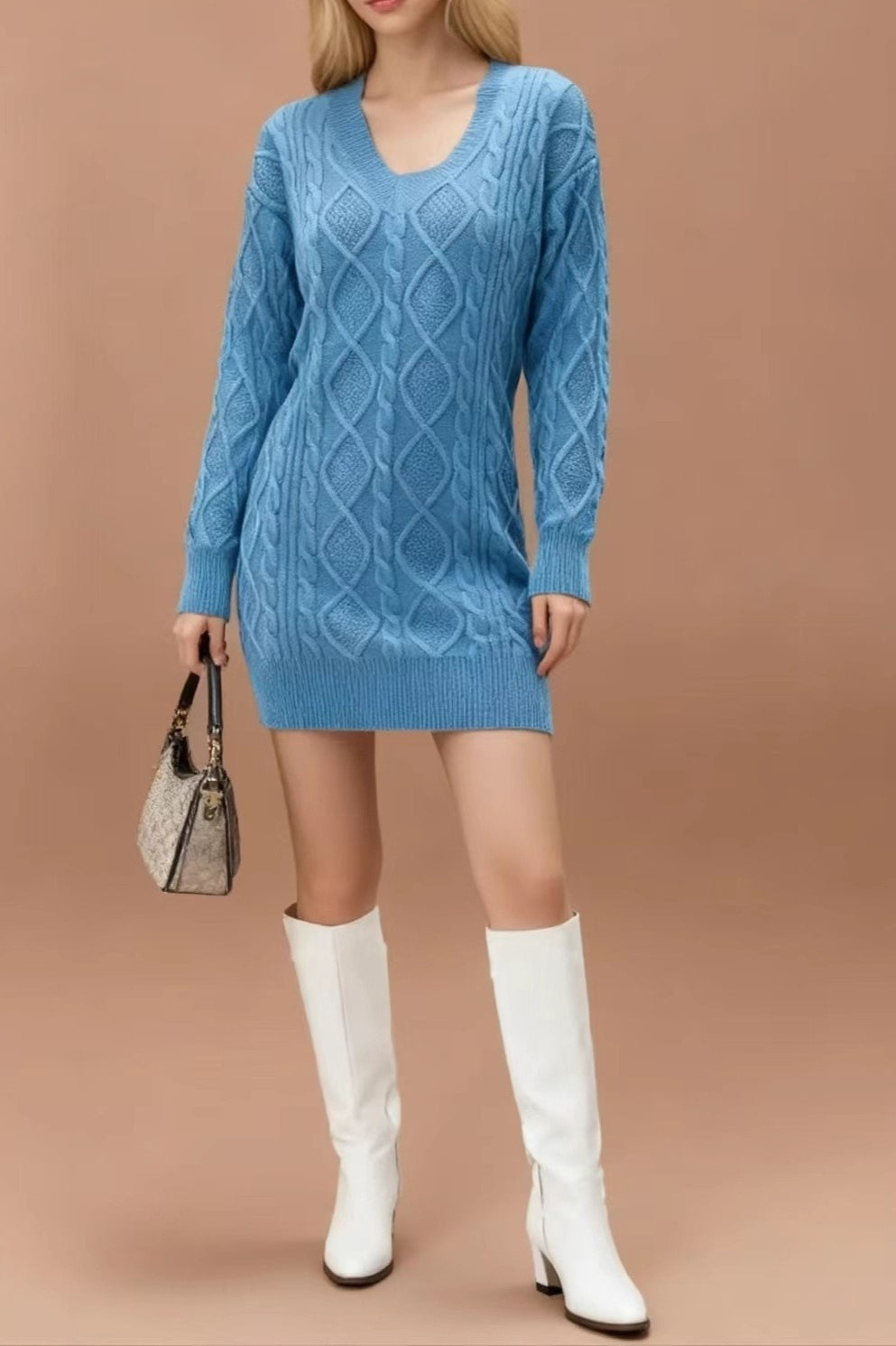V-neck Cable-knit Sweater Mini Dress