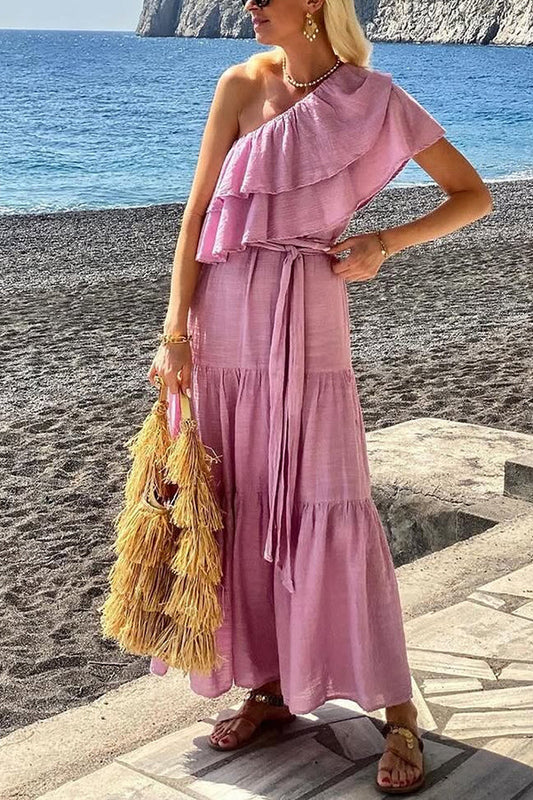 Linen Blend Color Oblique Collar Ruffle Waist Tie Maxi Dress