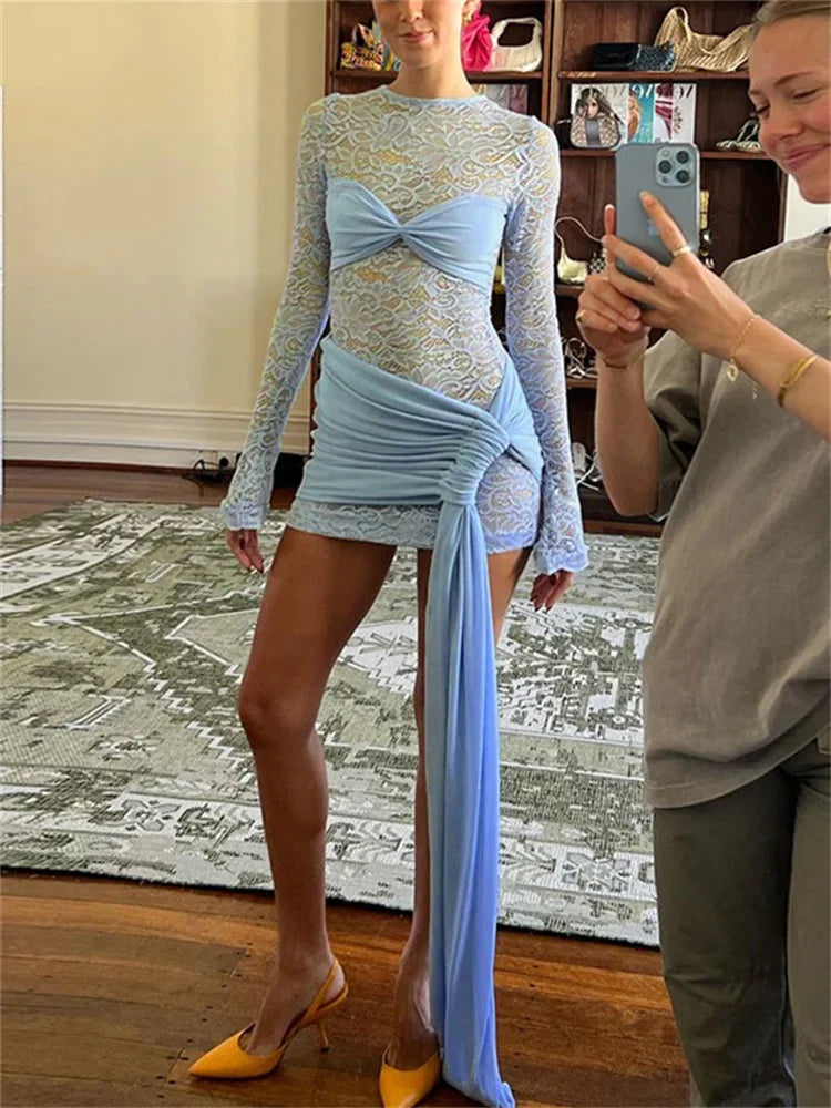 Printed See-through Mini Dress Female Bandage Long Sleeve Lace Patchwork Hollow Out Contrast Dress ’s Clothes