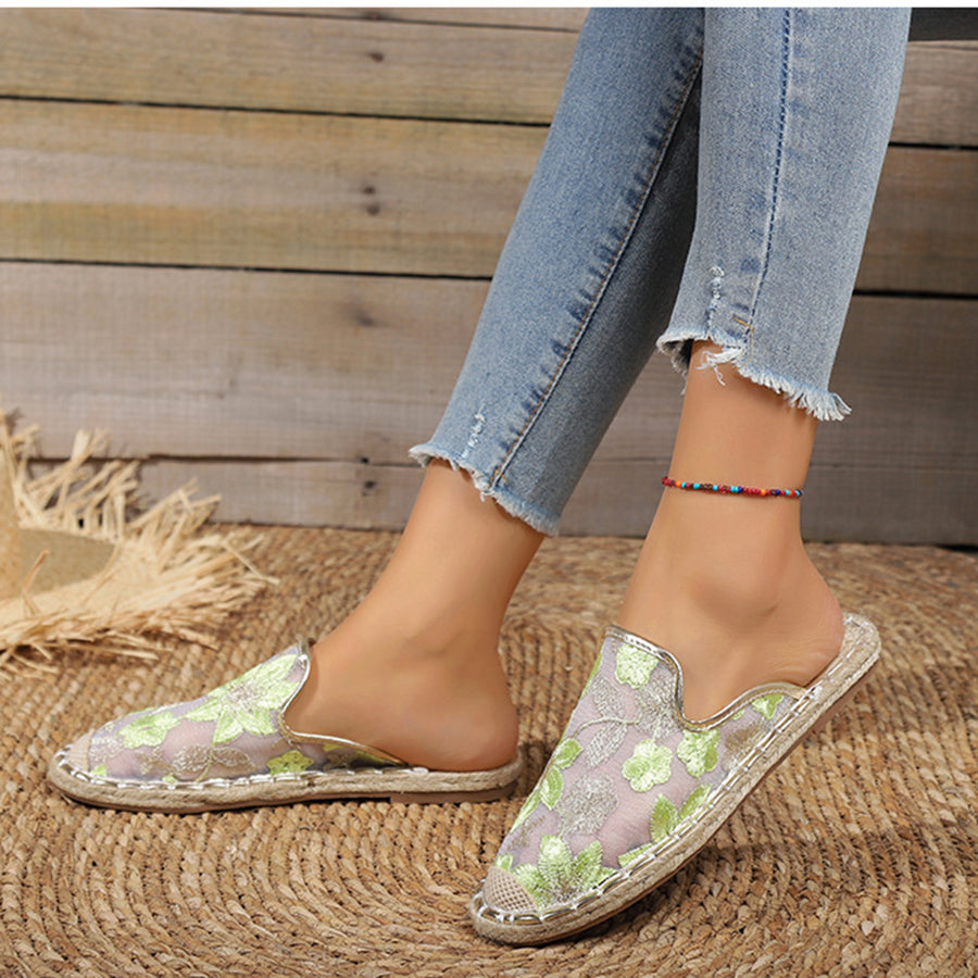 Linen Woven Flat Round Toe Half Slippers