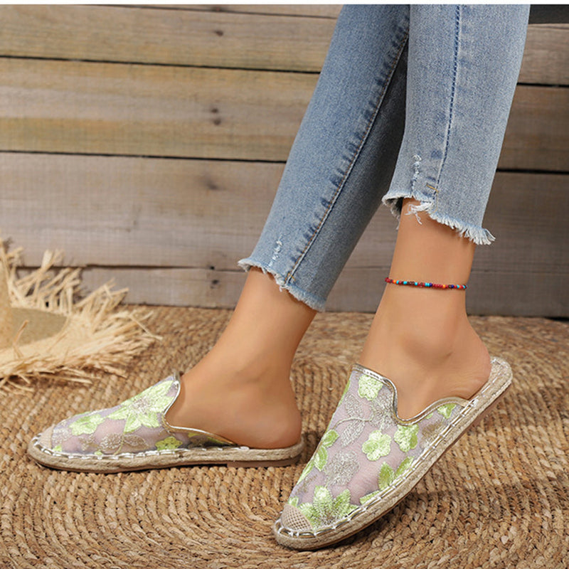 Linen Woven Flat Round Toe Half Slippers