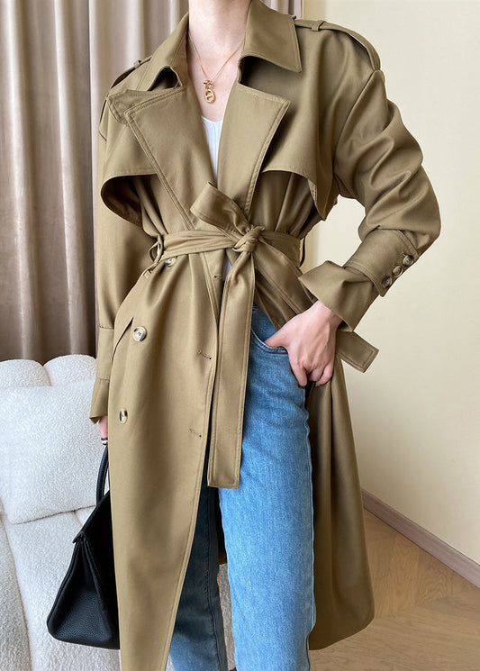Loose Khaki Pockets Tie Waist Cotton Trench Coat Long Sleeve Af1093