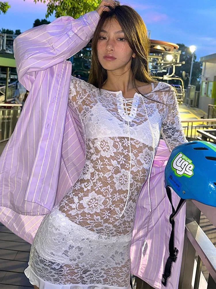 Ruffle Lace Dress for Off Shoulder Bandage See Through Mini Dresses Summer Beach Backless Holiday Dress Woman