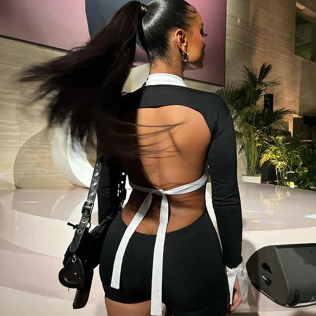 Black Commuter Bodycon Crash Color Polo Collar Split Long Sleeve Skinny Short Jumpsuit Hollow Street Jumper