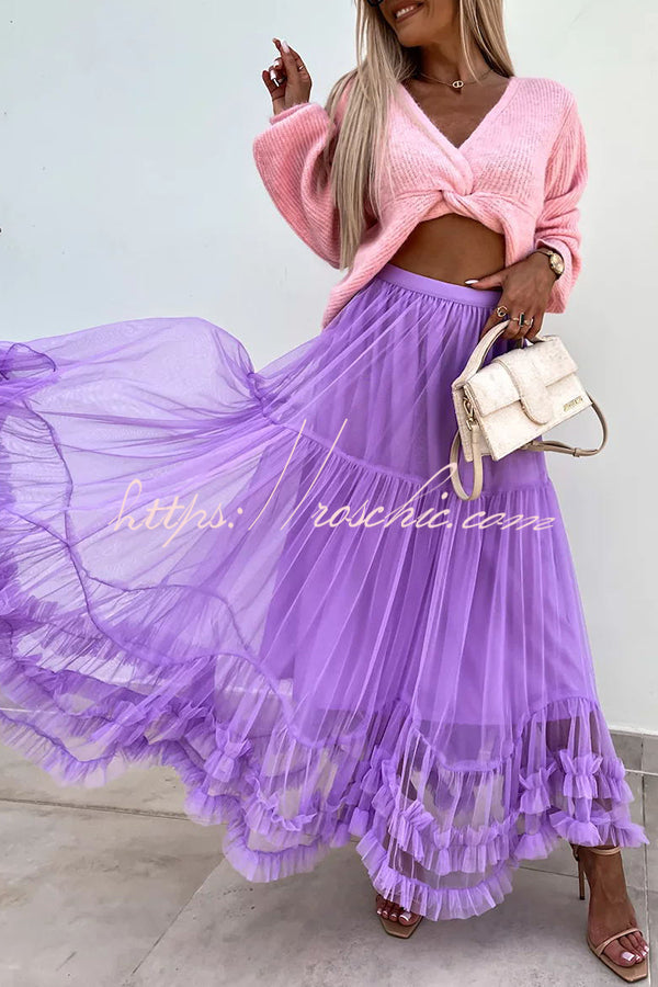 Tulle Stretch Waist Paneled Pleated Maxi Skirt