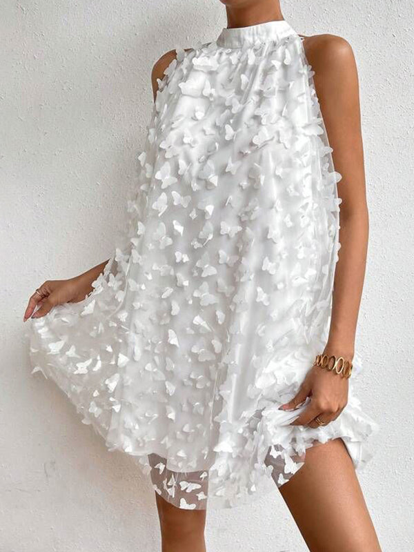 Loose Sleeveless Jacquard Pleated Color Split-joint Stand Collar Mini Dresses
