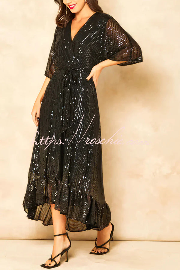 Color Sequined V-neck Waist Tie Loose Maxi Dress