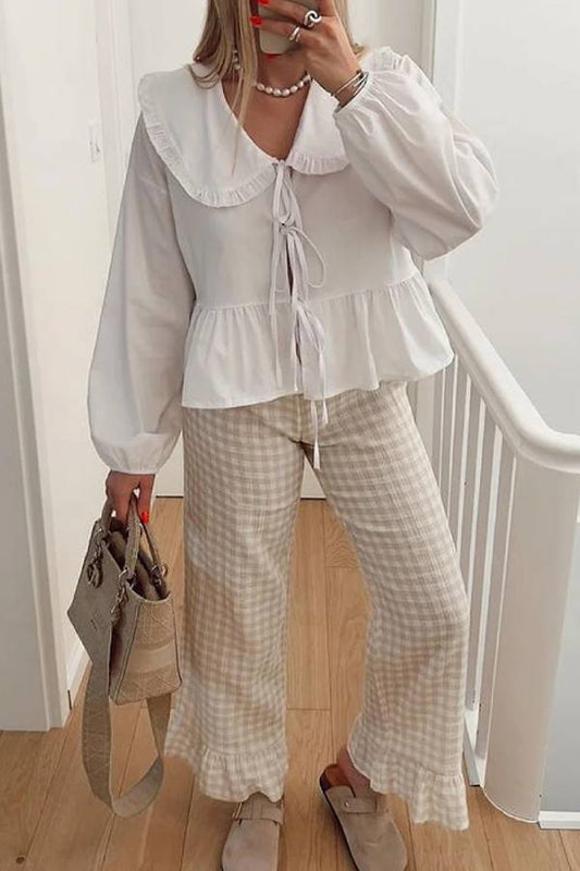 Color Lace-up Long Sleeve Cardigan Shirt