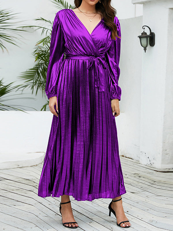 High Waisted Long Sleeves Bronzing Elasticity Pleated Color Tied Waist Deep V-neck Maxi Dresses