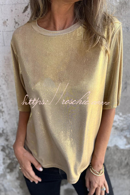 Metallic Color Round Neck Short-sleeved Loose T-shirt
