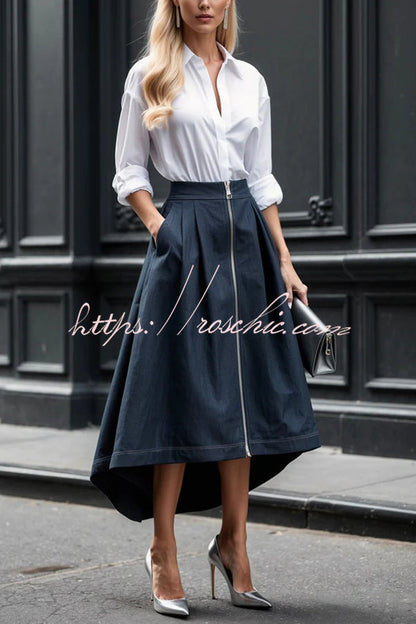 Effortless Charm Front Zipper Detail Pocketed High Low Pleated Midi Skirt
