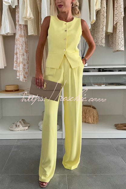 Workplace Sleeveless Button Vest and Relaxed Pocket Wide Leg Pants Set