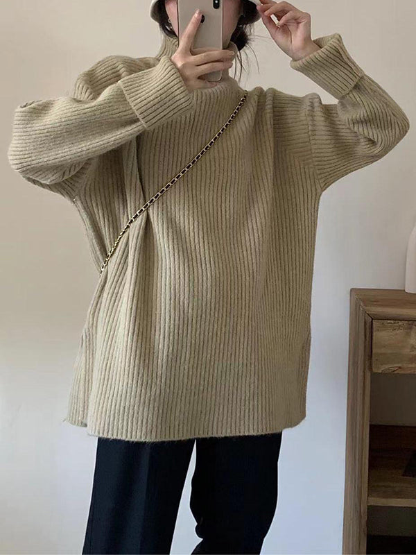 Simple Blue High Neck Split-side Long Sleeve Sweater Qx013
