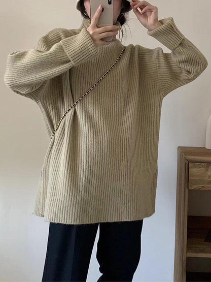 Simple Blue High Neck Split-side Long Sleeve Sweater Qx013