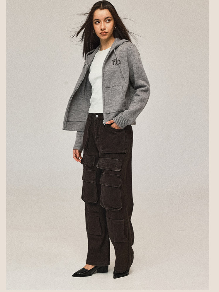 Short Hooded Knit Cardigan