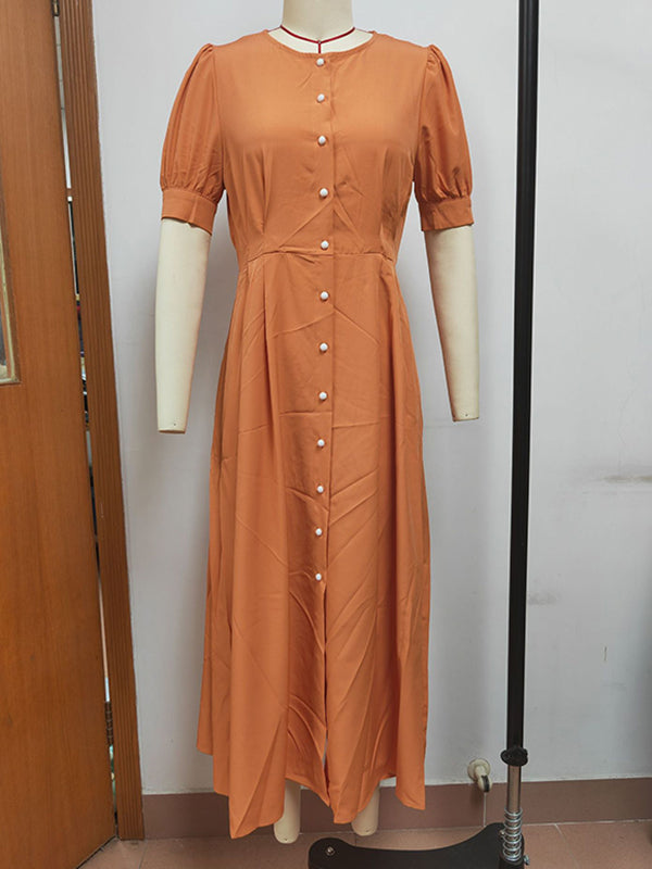 Puff Sleeves Short Sleeves Buttoned Color Round-neck Midi Dresses Shirt Dress