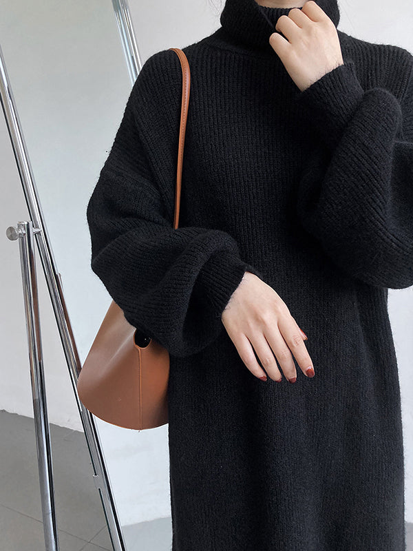 Urban Loose Purple High-neck Long Puff Sleeve Sweater Dress An1052