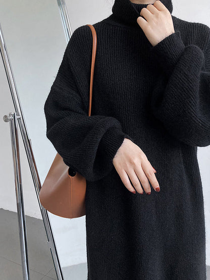 Urban Loose Purple High-neck Long Puff Sleeve Sweater Dress An1052