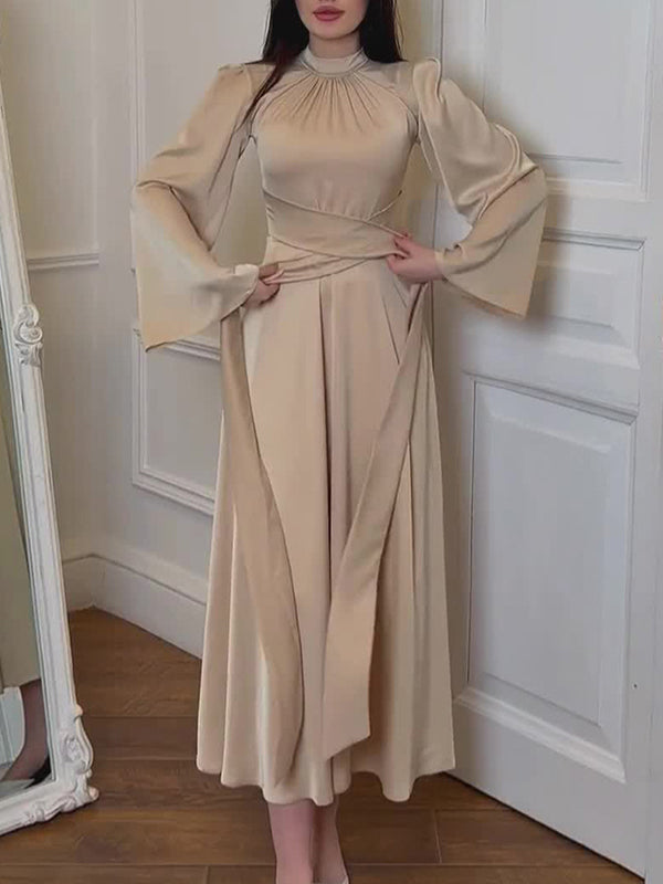 Long Sleeves Loose Pleated Color Tied Waist Mock Neck Maxi Dresses