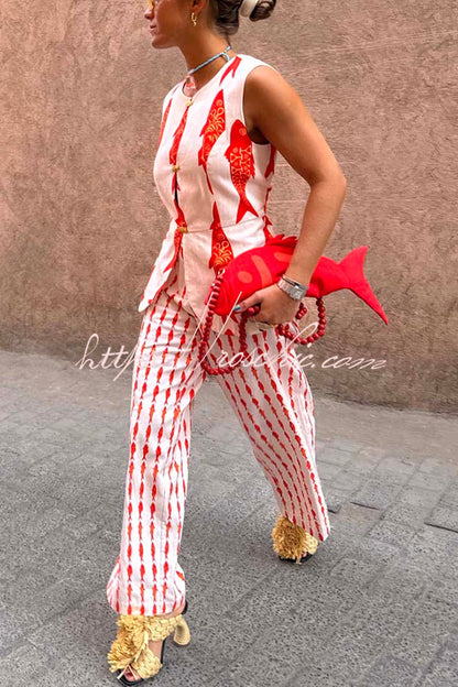 Good Luck Linen Blend Koi Pattern High Rise Elastic Waist Loose Pants