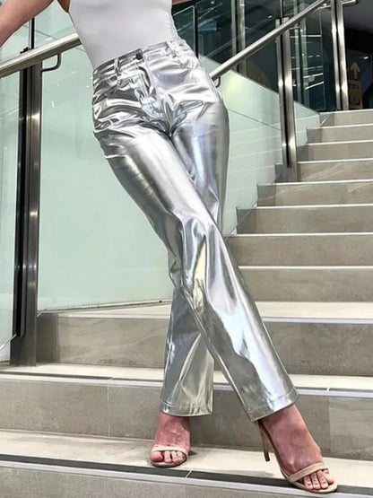 Silver Pu Pants High Waist Loose Wide Leg Pants Clubwear Party Femme Long Pant Autumn