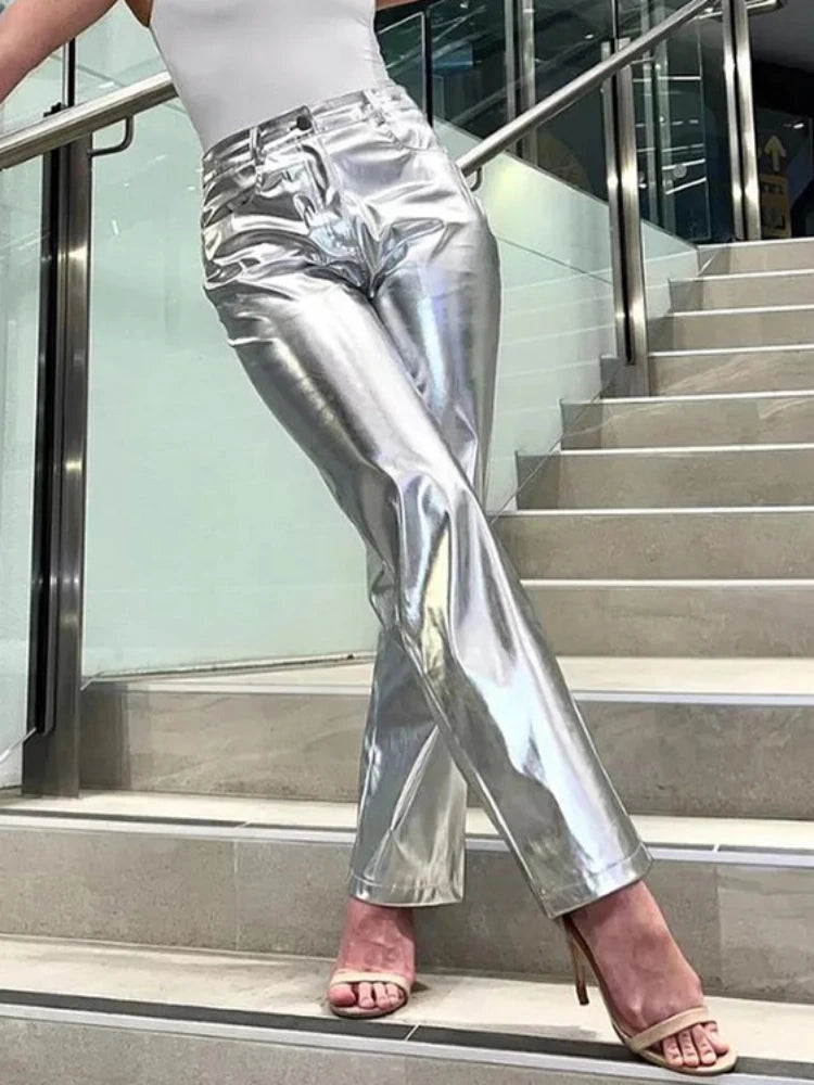 Silver Pu Pants High Waist Loose Wide Leg Pants Clubwear Party Femme Long Pant Autumn