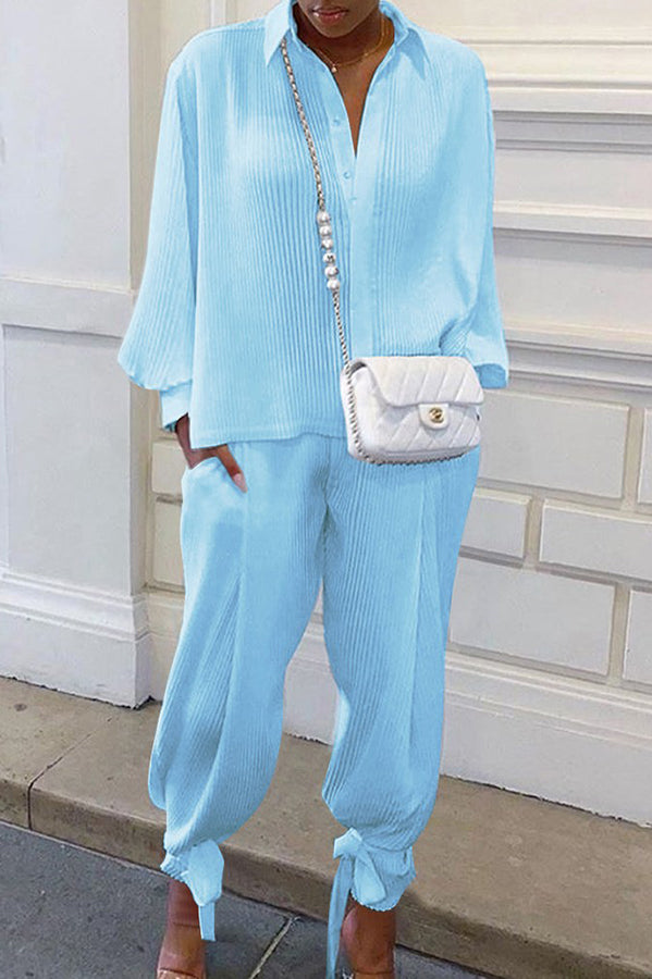 Shirt Collar Stripe Side Pocket Top Pant Set