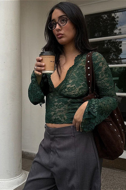 Sheer Lace Long Sleeve Blouse