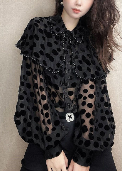 Patchwork Black Unique Velour Blouses Nail Collar Pan Bead Peter