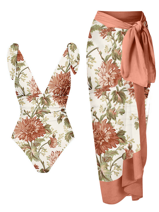 Bowknot Tie-shoulder Print One Piece Swimsuit and Skirt