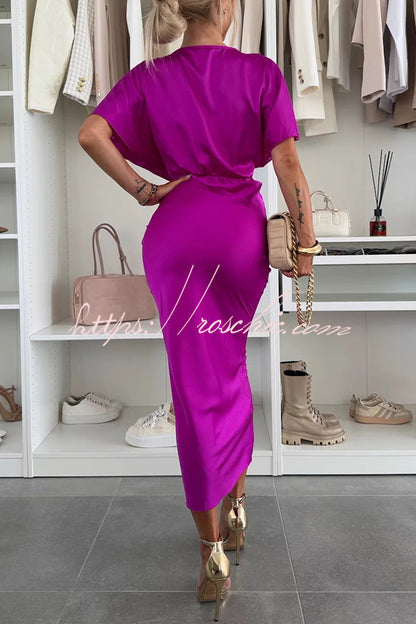 Satin Color V-neck Cross Knot Slim Maxi Dress