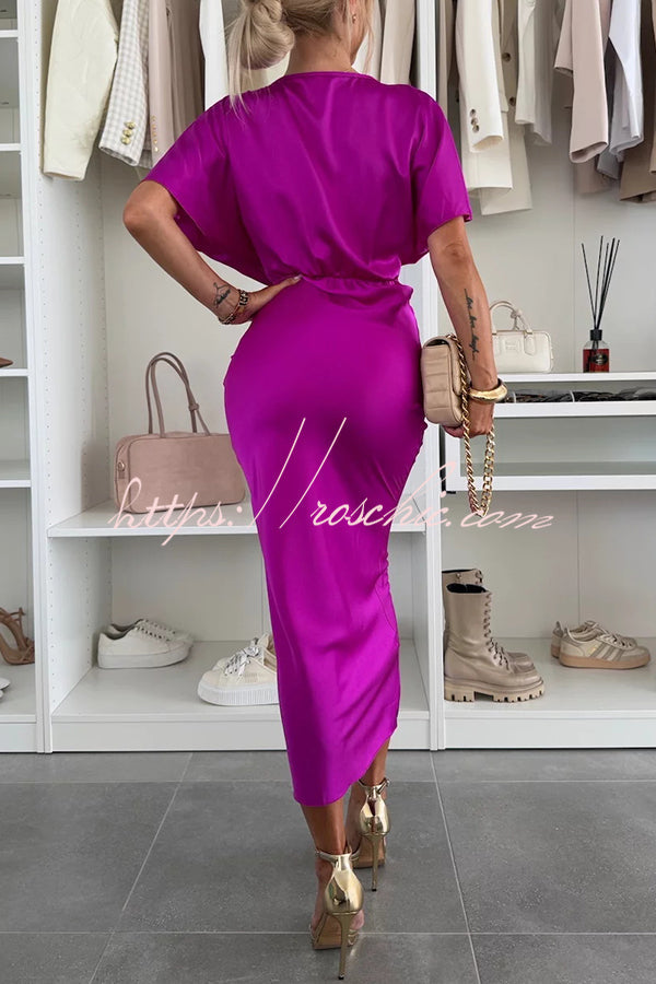 Satin Color V-neck Cross Knot Slim Maxi Dress
