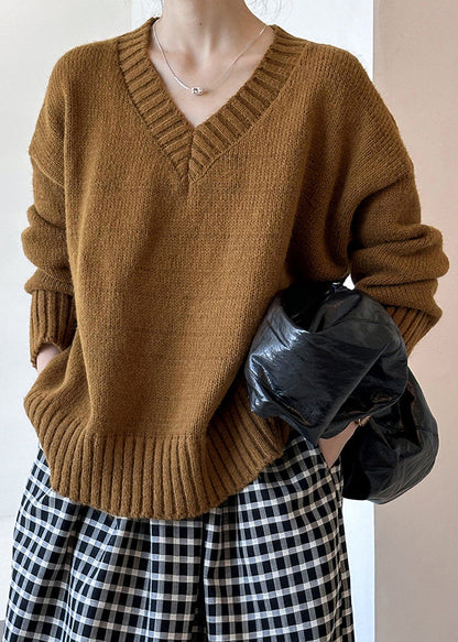New Brown Hollow Out Cozy Cotton Knit Sweaters Long Sleeve Af1098