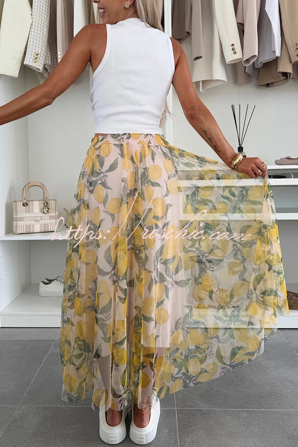 Summer Lemon Print Elastic Waist Tulle Holiday Midi Skirt