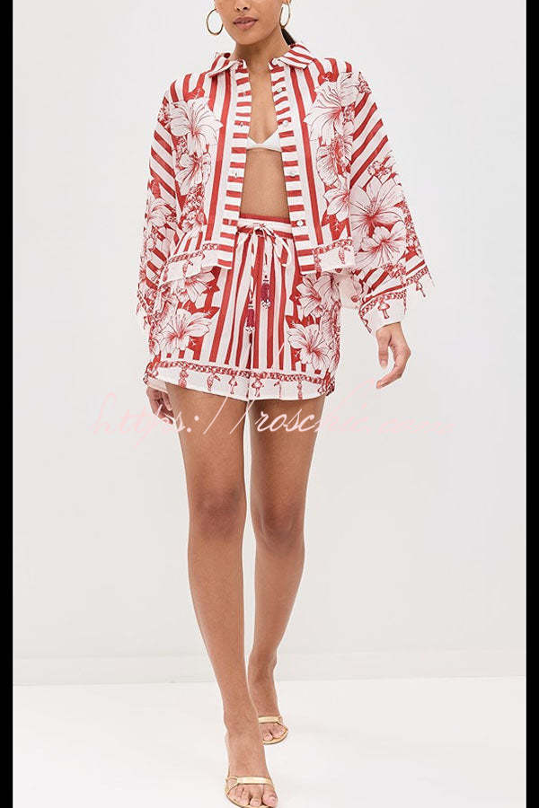 Like Paradise Print Wide Sleeve Shirt and Elastic Waist Pocketed Shorts Set