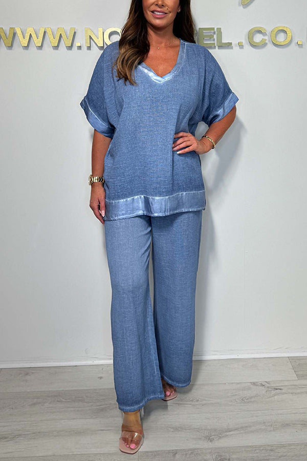 Fashionable V-neck Short-sleeved Loose Top and Elastic Waist Wide-leg Pants Set