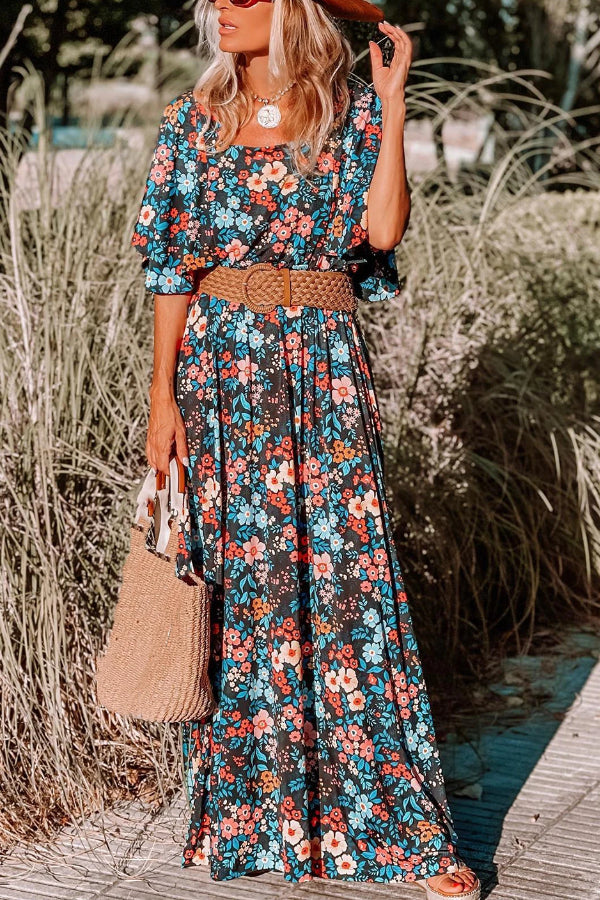 Sky Blue Print Knotted Backless Maxi Dress