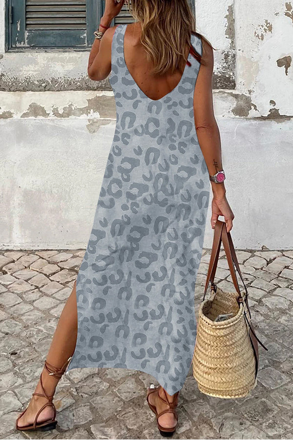 Gray Leopard Print Side Slits Tank Maxi Dress