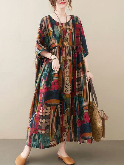 Loose Abstract Printed Pleated Round-neck Half Sleeves Midi Dress