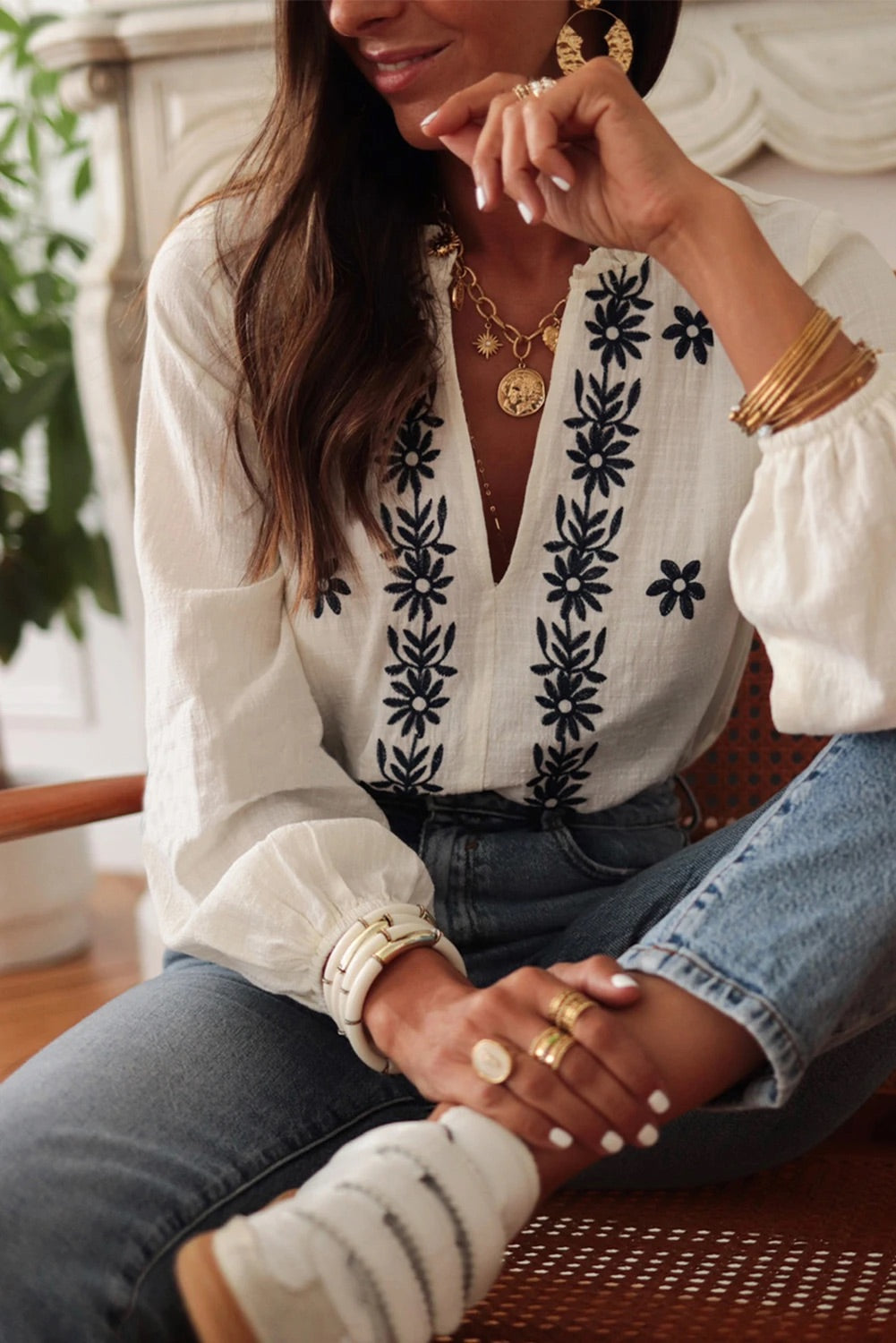 White Embroidered Frill V Neck Puff Sleeve Blouse
