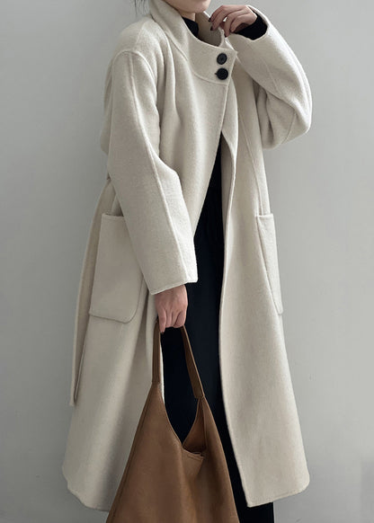 Italian Grey Stand Collar Pockets Tie Waist Woolen Coat Fall Af1099