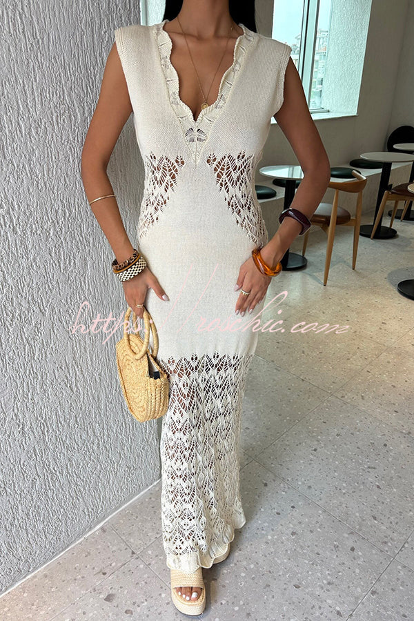 Color Hollow Knitted V-neck Slim Fishtail Maxi Dress