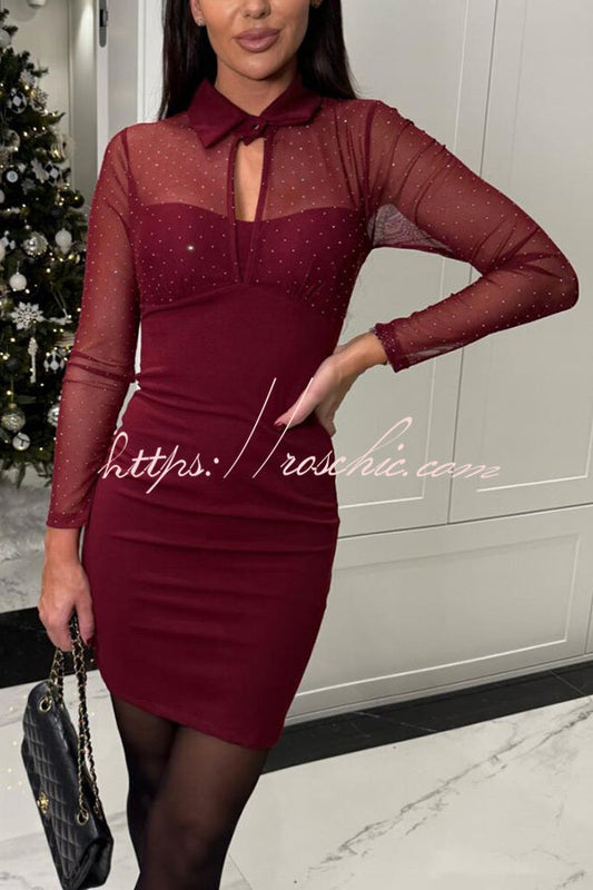 Energy Mesh Glitter Fabric Cutout Shirt Neck Long Sleeve Stretch Mini Dress